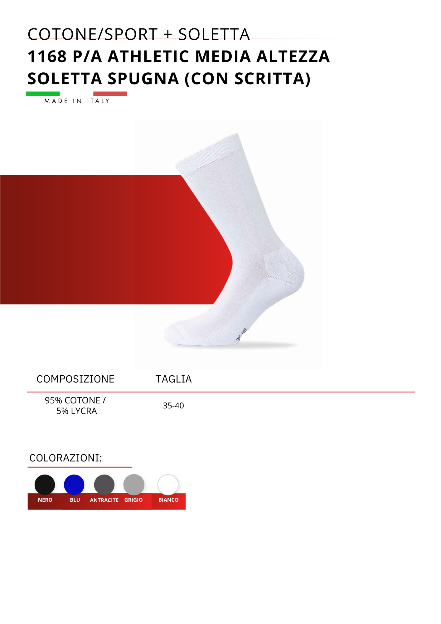 1168/PA ATHLETIC-CALZA MEDIA ALTEZZA CON SOLETTA IN SPUGNA (CON SCRITTA)