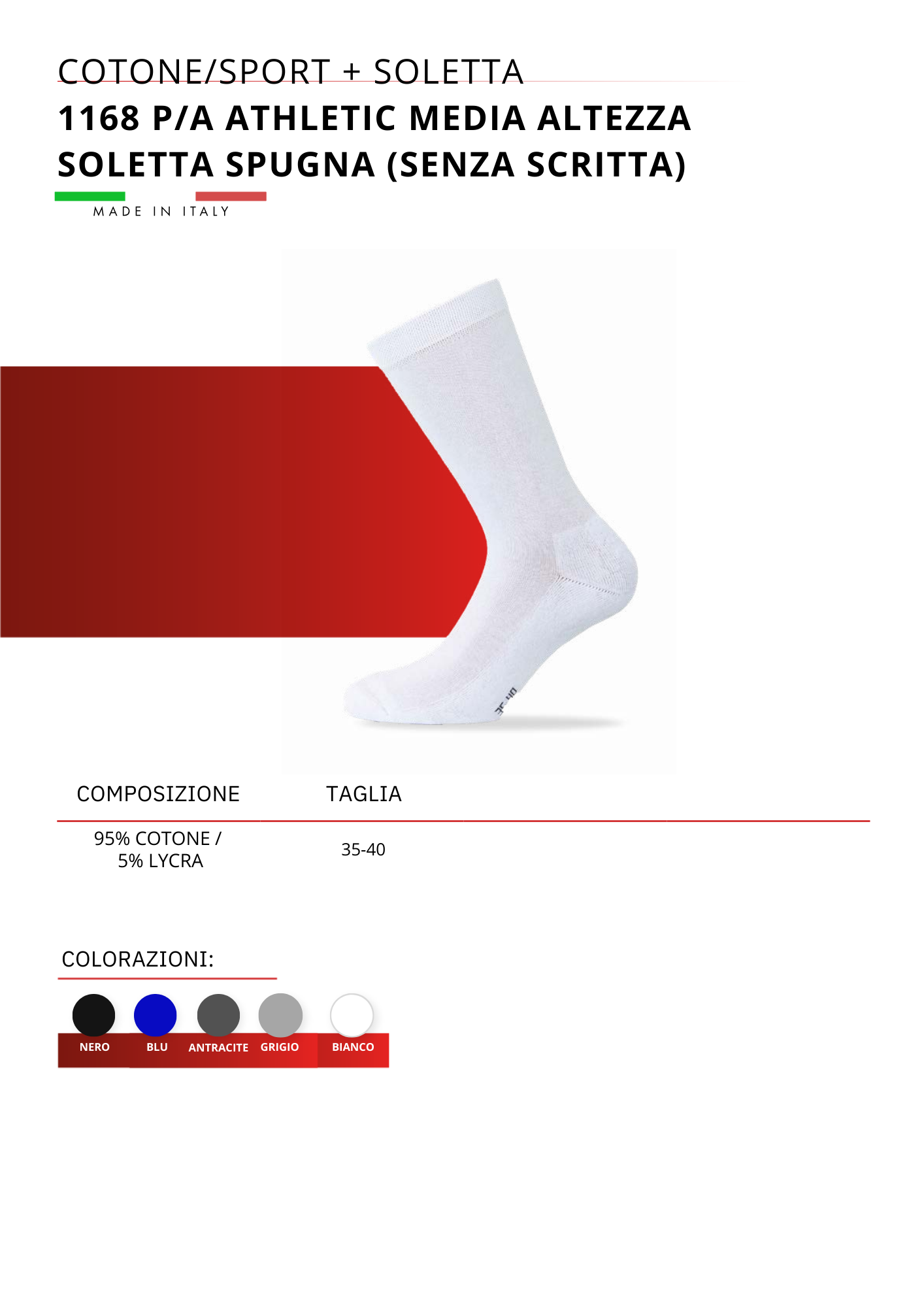 1168/PA ATHLETIC-CALZA MEDIA ALTEZZA CON SOLETTA IN SPUGNA