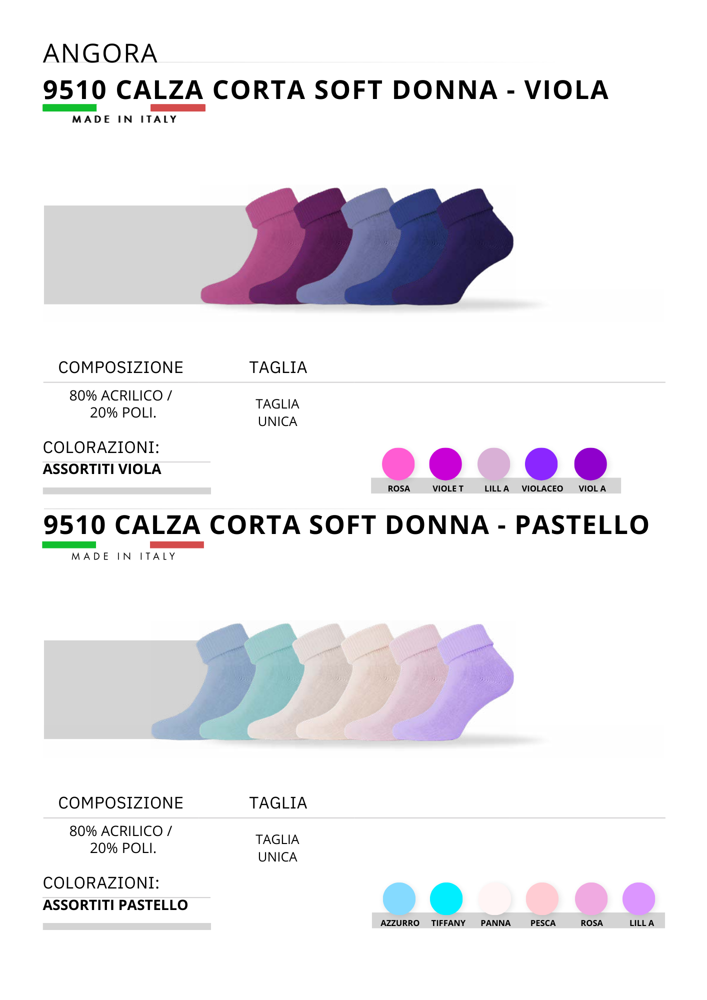 9510-CALZA CORTA SOFT VIOLA E PASTELLO